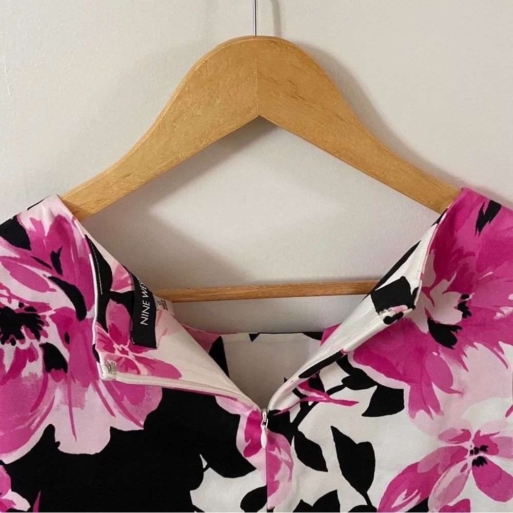 Nine West Black & Pink Floral Sleeveless Summer Shift Cocktail Dress w Pockets - Picture 5 of 12